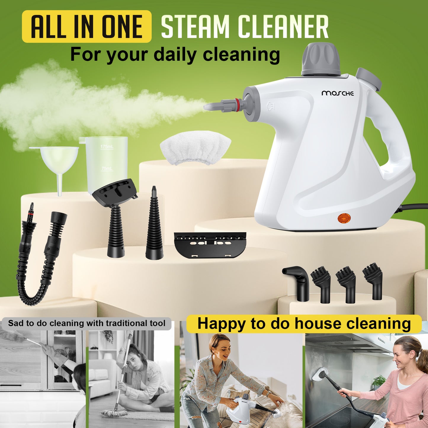 Multi-Surface Handheld Steam Cleaner with 11-Pieces Accessories, 15.2OZ All Natural Pressurized Steamer for Cleaning, Multipurpose Steam Cleaner for Home to Clean Dirt, Grout, Tile, Grease and More