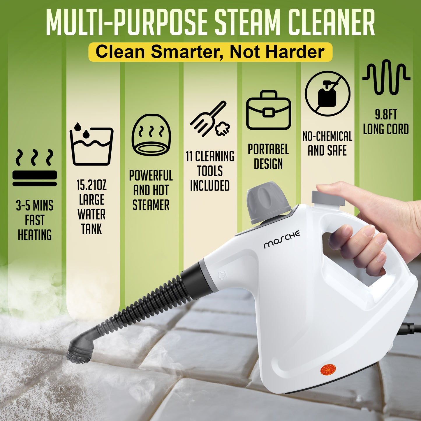 Multi-Surface Handheld Steam Cleaner with 11-Pieces Accessories, 15.2OZ All Natural Pressurized Steamer for Cleaning, Multipurpose Steam Cleaner for Home to Clean Dirt, Grout, Tile, Grease and More